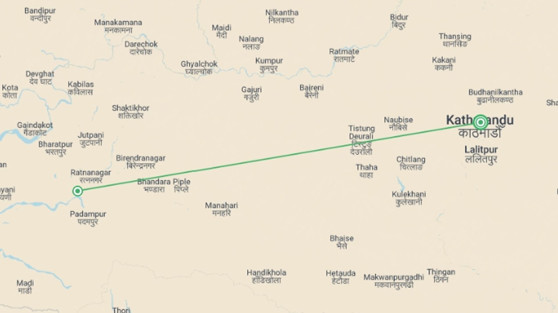 A map showing the tour itinerary for the trip: Chitwan Jungle Safari Tour 3 Days / 2 Nights, starting in Kathmandu, Nepal and ending in Kathmandu, Nepal going through 2 other destinations.