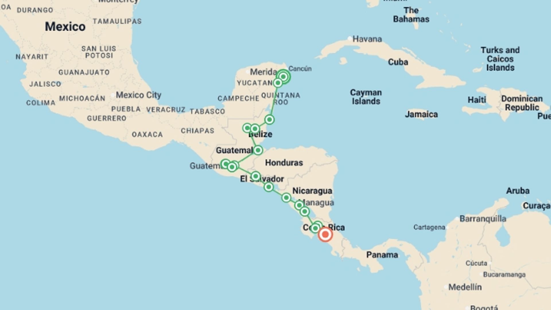 A map showing the tour itinerary for the trip: Central American Adventure, starting in Playa Del Carmen, Mexico and ending in San Jose, Costa Rica going through 16 other destinations.