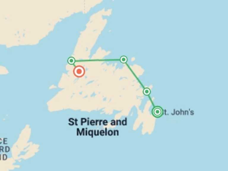 Map itinerary of Canada Tour in June 2027 with 6 destination visits for the trip: Newfoundland Adventure: Westbound