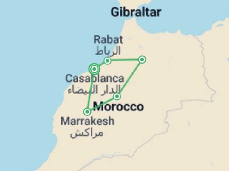 Map of 8-Day Marrakech Tour with 3 destination visits for the trip: Imperial Cities Of Morocco From Casablanca 8 Days, Private Tour