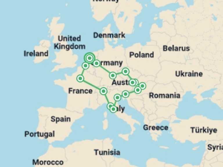 Map itinerary of Europe Tour in Spring with 11 destination visits for the trip: Europe Jewel
