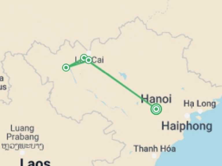 Map of Hanoi Countryside and village visits Tour with 4 destination visits for the trip: Sapa Village Trek and Topas Ecolodge Retreat