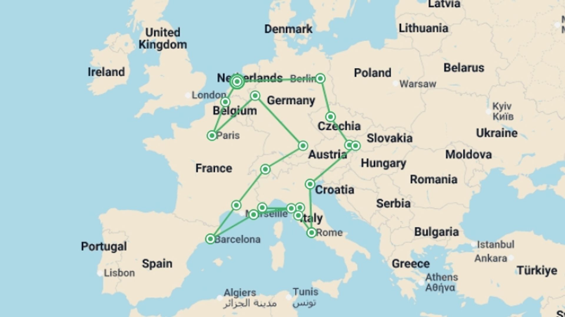 A map showing the tour itinerary for the trip: Ultimate Europe, starting in Amsterdam, Holland and ending in Amsterdam, Holland going through 15 other destinations.