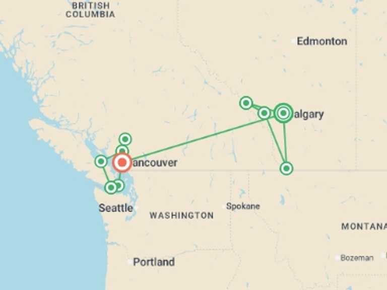 Map of Canada Tour with 9 destination visits for the trip: Active West Coast & Canadian Rockies