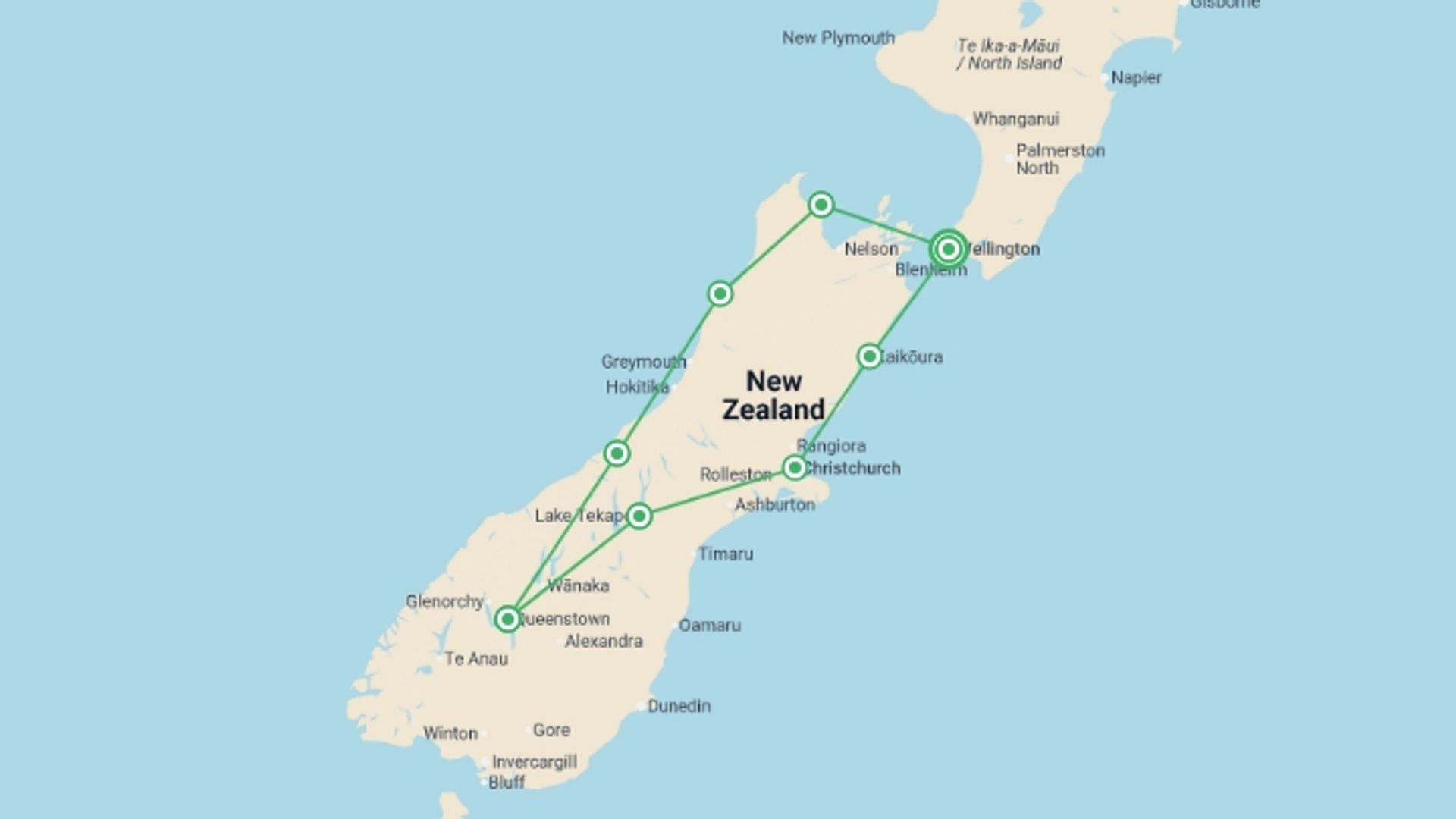 A map showing the tour itinerary for the trip: New Zealand: South Island Encompassed, starting in Wellington, New Zealand and ending in Wellington, New Zealand going through 7 other destinations.