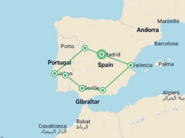 Map itinerary of Spain Tour in March 2027 with 7 destination visits for the trip: Highlights of Spain and Portugal