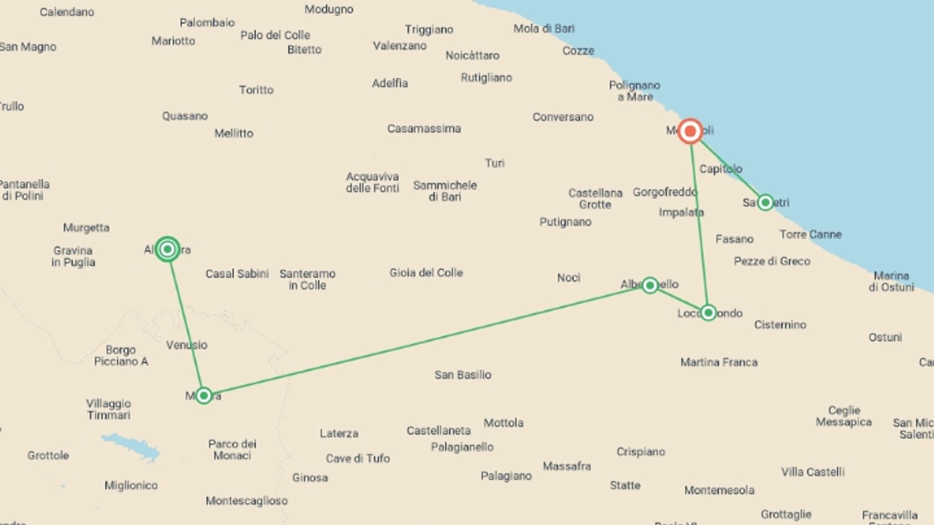 A map showing the tour itinerary for the trip: Cycle Puglia, starting in Altamura, Italy and ending in Monopoli, Italy going through 4 other destinations.