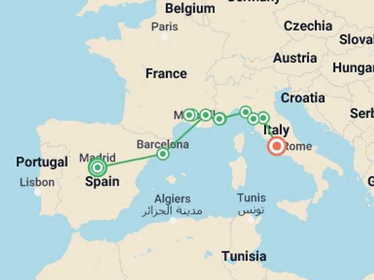 Map of 13-Day Madrid Tour with 7 destination visits for the trip: Mediterranean Highlights