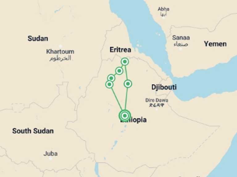 Map of Ethiopia Tour with 6 destination visits for the trip: Ethiopia: Africa’s Hidden Treasure