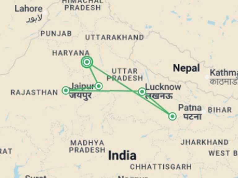 Map itinerary of New Delhi Tour in October 2026 with 5 destination visits for the trip: Premium India