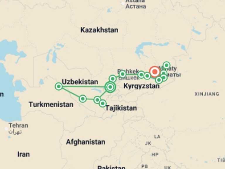 Map of Asia Tour with 14 destination visits for the trip: The Stans: The Ultimate Adventure through the Silk Road