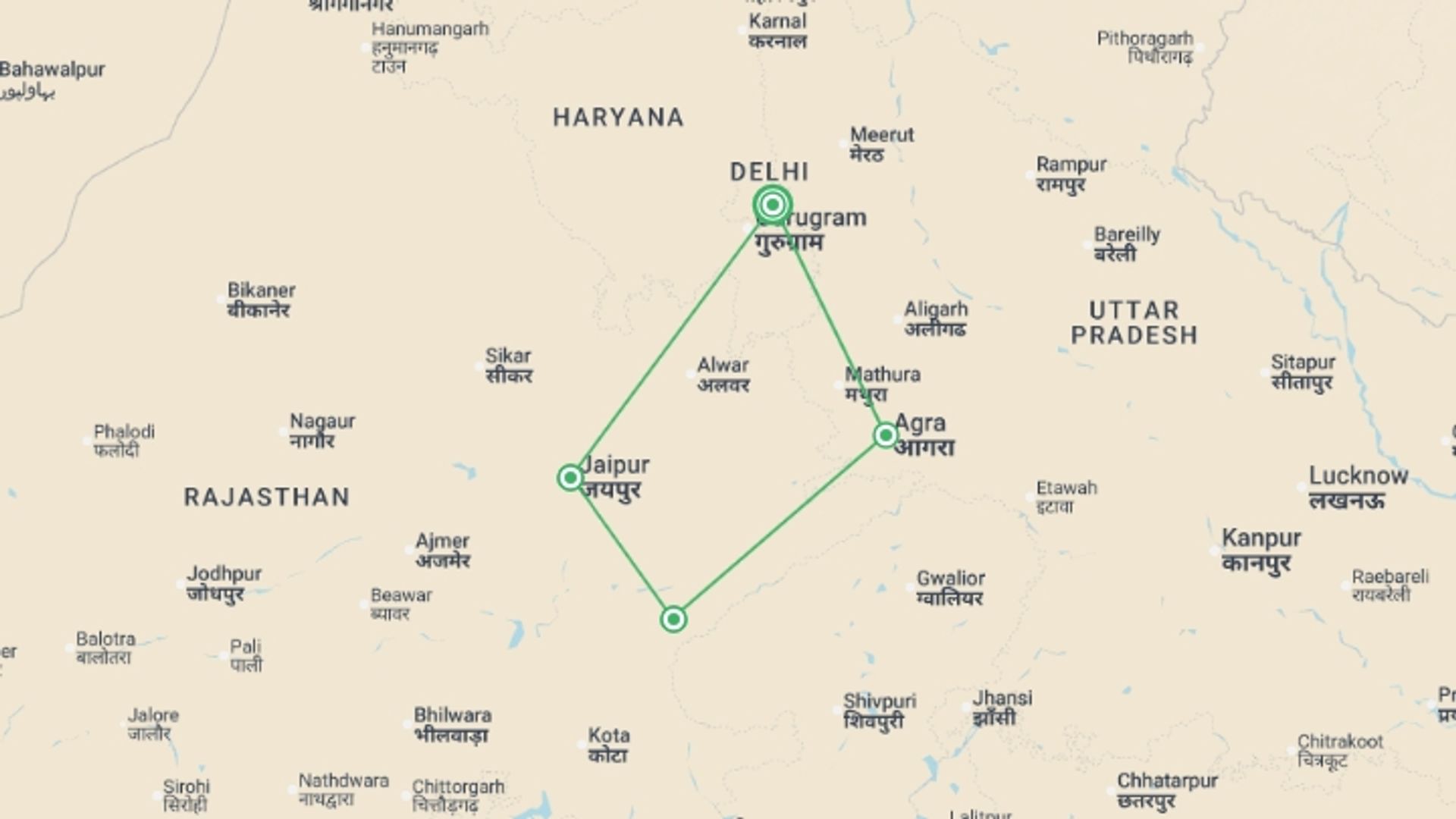 A map showing the tour itinerary for the trip: 08 Days Golden Triangle with Ranthambore Wildlife Safari, starting in North India, India and ending in North India, India going through 4 other destinations.