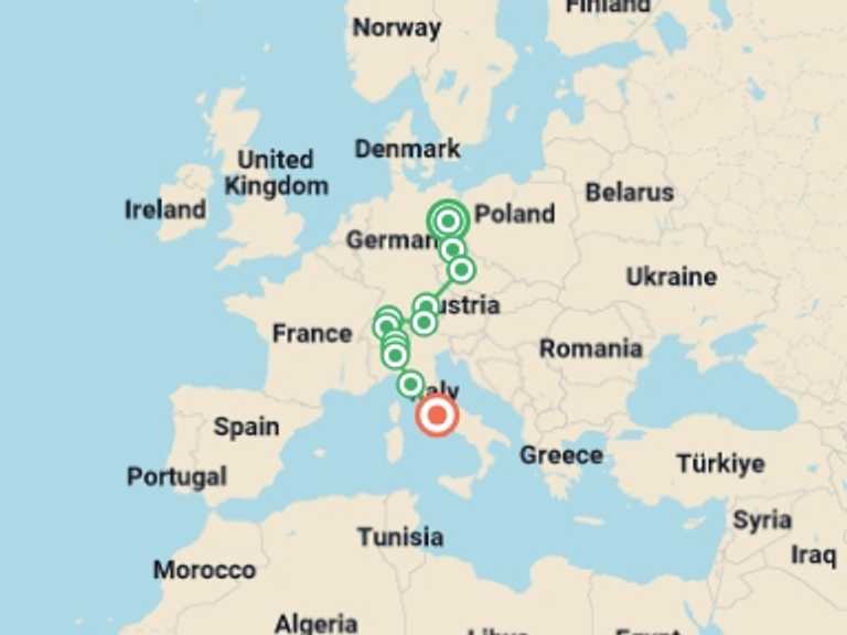 Map of 11-Day Berlin Tour with 6 destination visits for the trip: From Berlin to Rome