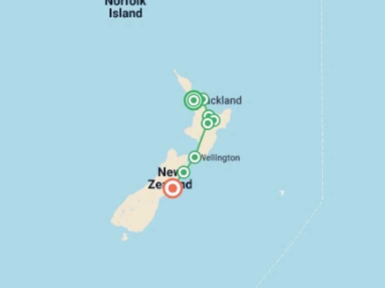 Map of a Active and outdoor Tour with 8 destination visits for the trip: New Zealand's North to South Island Adventure