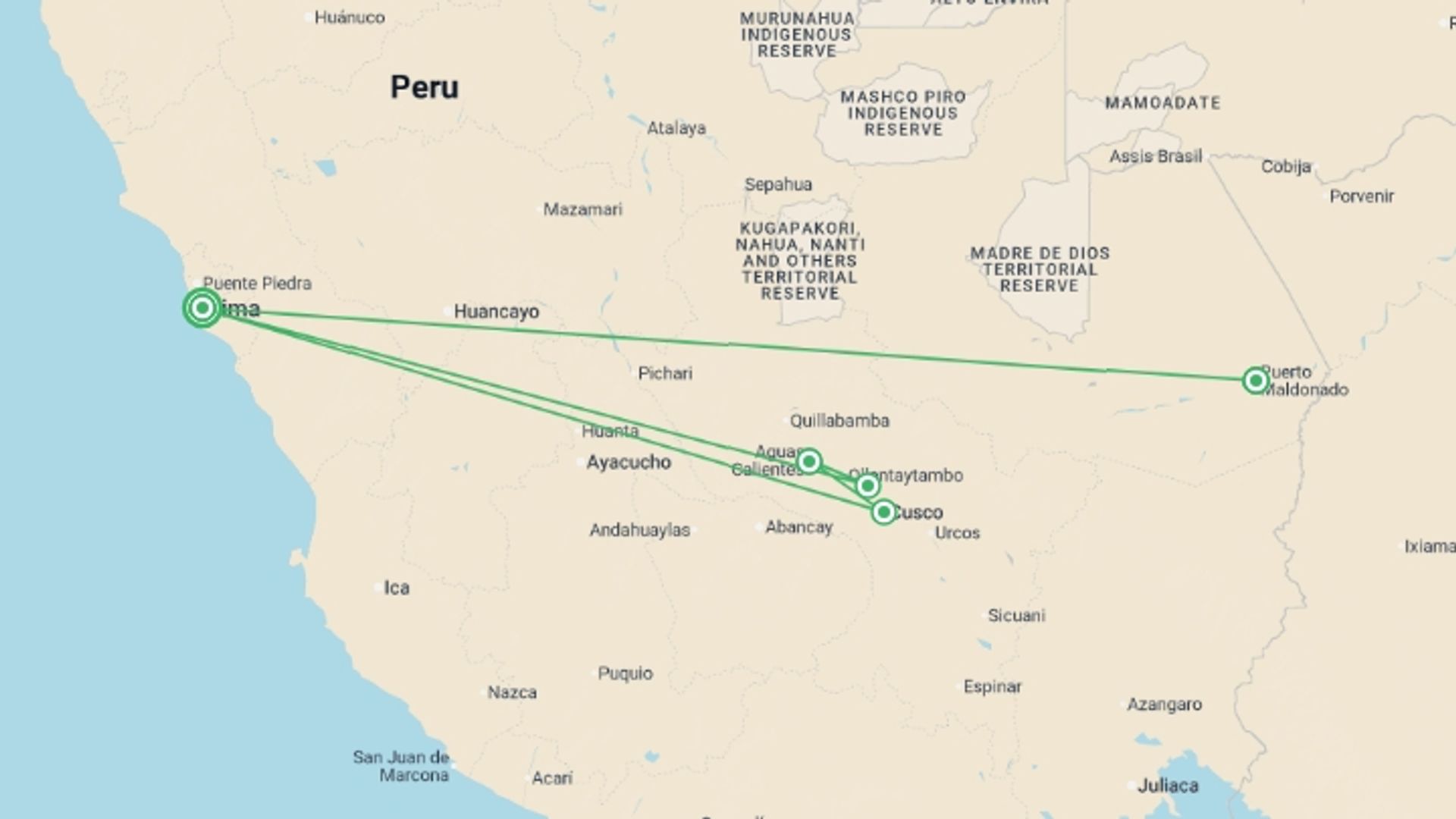 A map showing the tour itinerary for the trip: Highlights of Peru, starting in Lima, Peru and ending in Lima, Peru going through 4 other destinations.