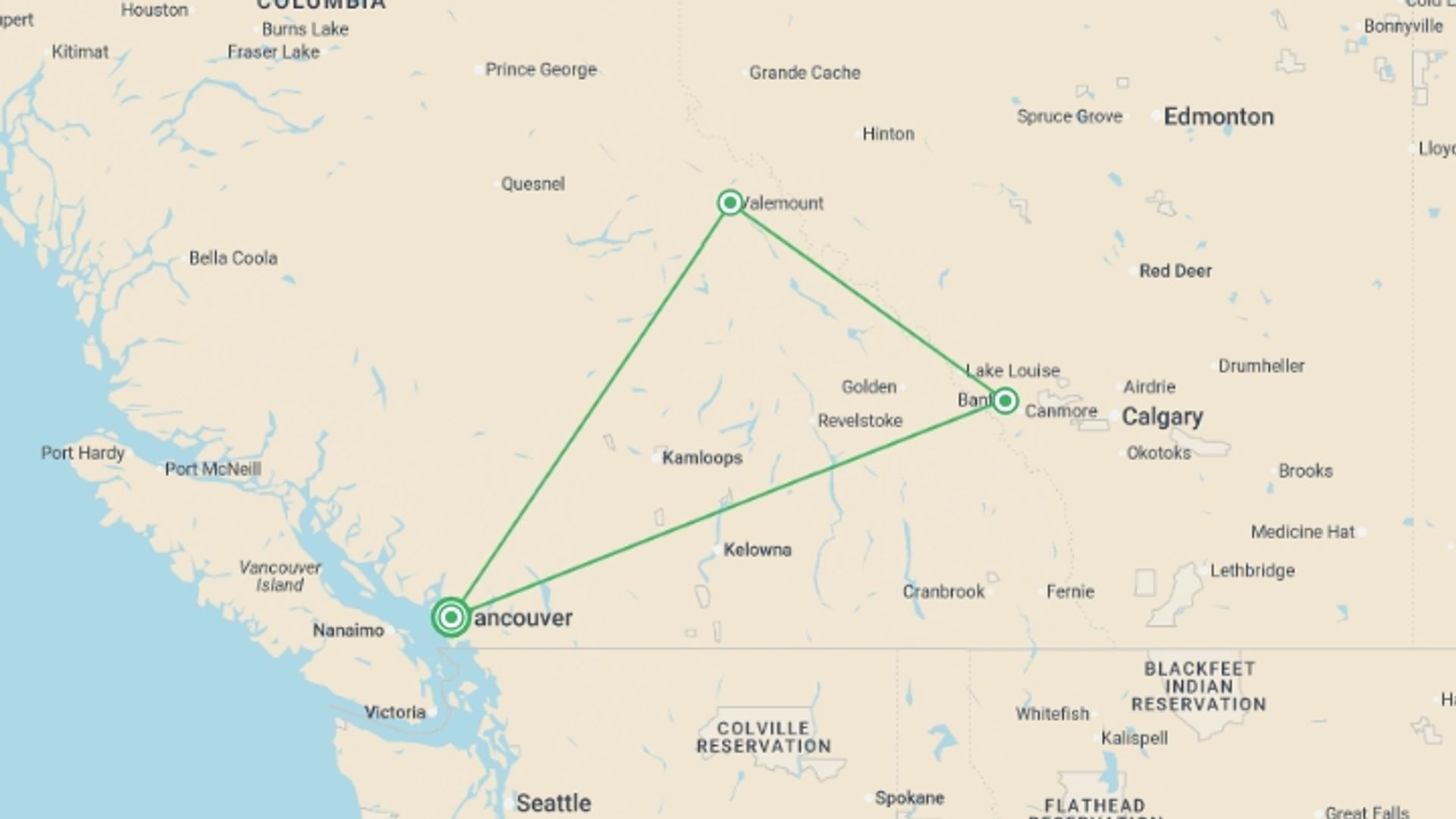 A map showing the tour itinerary for the trip: Vancouver, Banff & Rockies Summer - 5 days, starting in Vancouver, Canada and ending in Thompson Country, Canada going through 2 other destinations.