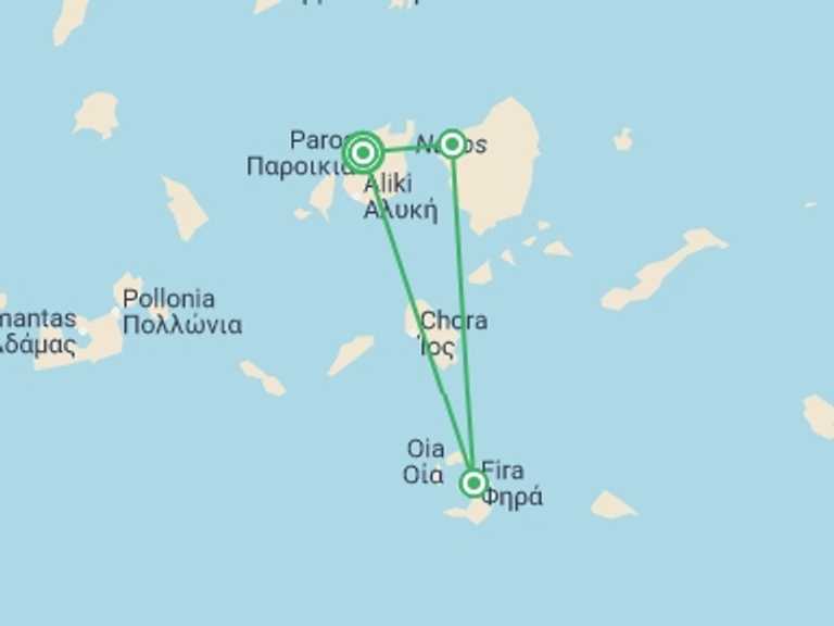 Map itinerary of Mediterranean Tour in July 2026 with 3 destination visits for the trip: Island Hopping - Exploring The Greek Islands: Paros, Naxos & Santorini