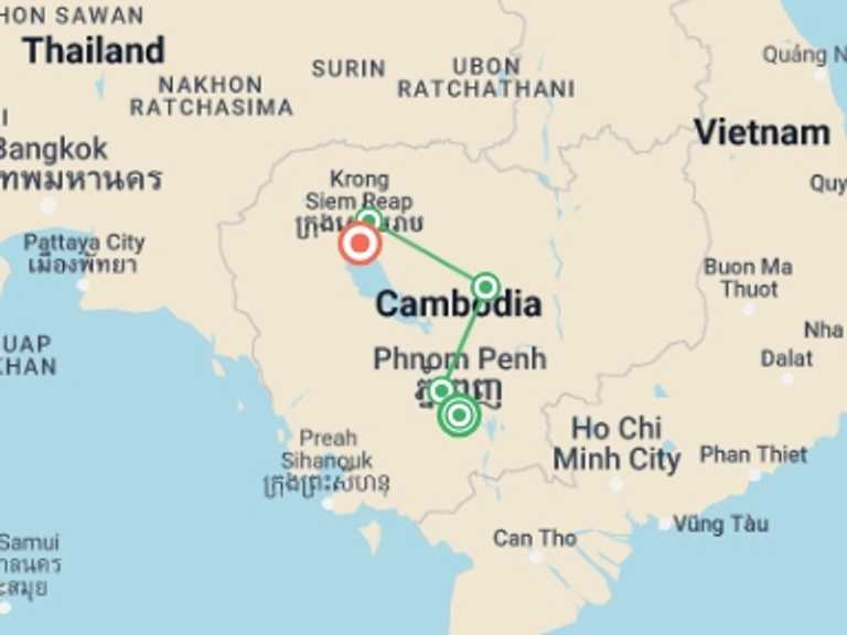 Map of Cambodia Tour with 5 destination visits for the trip: Cambodia Heritage by Bicycle