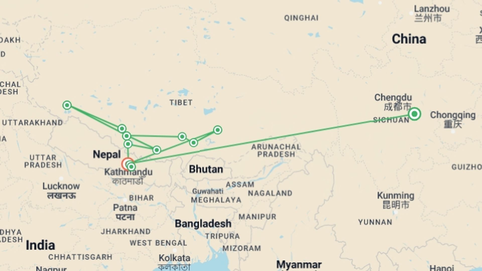 A map showing the tour itinerary for the trip: Journey to Mount Kailash, starting in Chengdu, China and ending in Kathmandu, Nepal going through 7 other destinations.