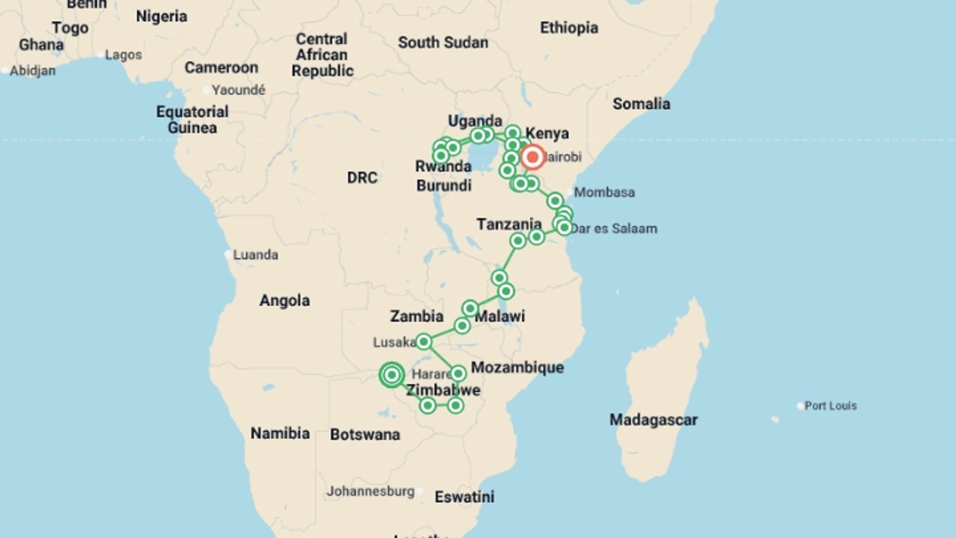 A map showing the tour itinerary for the trip: Victoria Falls to Gorillas, starting in Victoria Falls, Zimbabwe and ending in Nairobi, Kenya going through 29 other destinations.