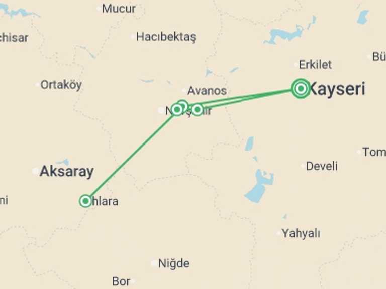 Map of Mediterranean Tour with 5 destination visits for the trip: Cappadocia Guided Walk