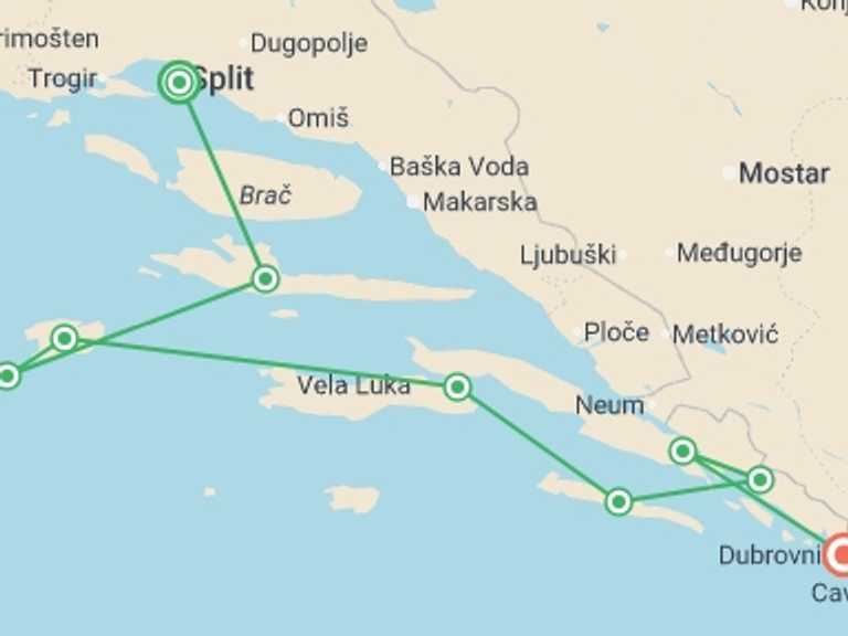 Map of 8-Day Split Tour with 7 destination visits for the trip: Jewels of the Adriatic from Split Deluxe Superior - 8 days