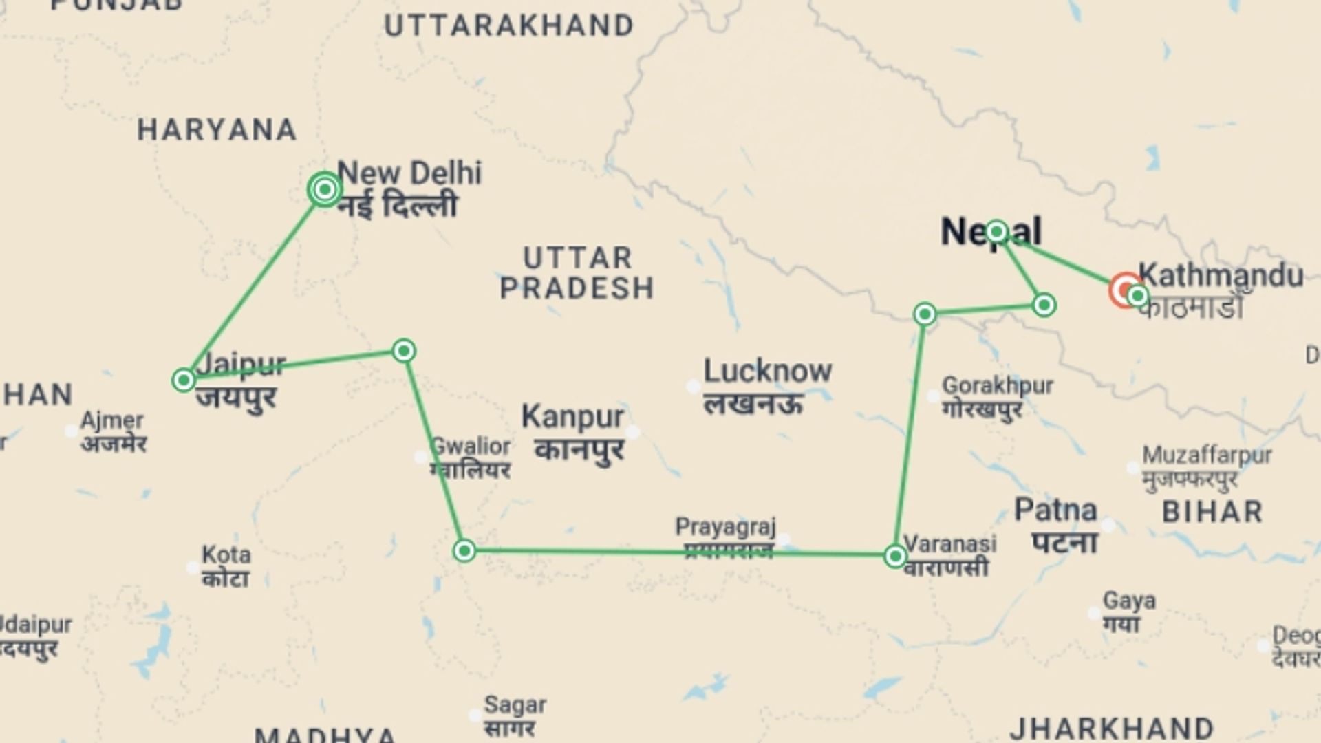 A map showing the tour itinerary for the trip: Delhi to Kathmandu (5 Star) - 16 days, starting in New Delhi, India and ending in Kathmandu, Nepal going through 8 other destinations.