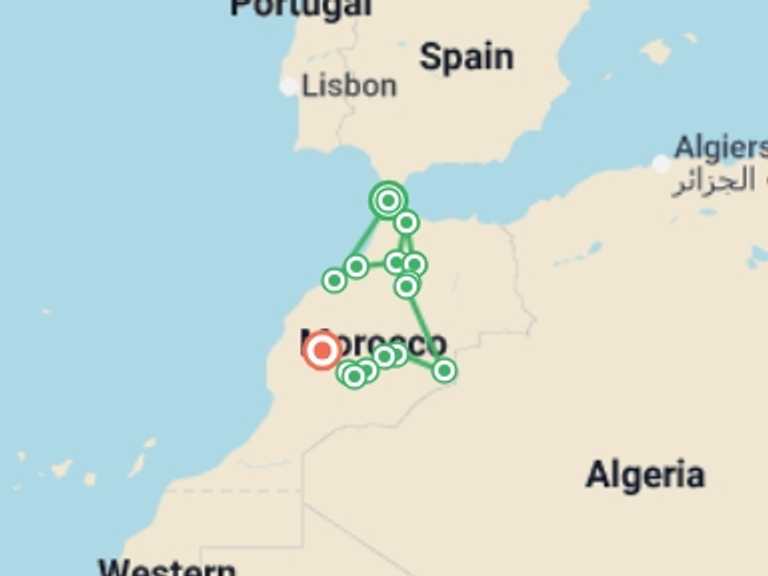 Map itinerary of Africa Tour in September 2026 with 10 destination visits for the trip: Magical Morocco From Tangier - 14 days