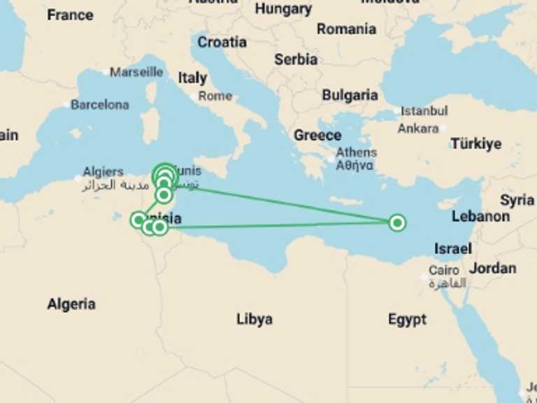 Map itinerary of Mediterranean Tour in October 2026 with 7 destination visits for the trip: Best of Tunisia