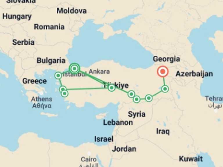Map of 15-Day Europe Tour with 10 destination visits for the trip: Complete Turkey