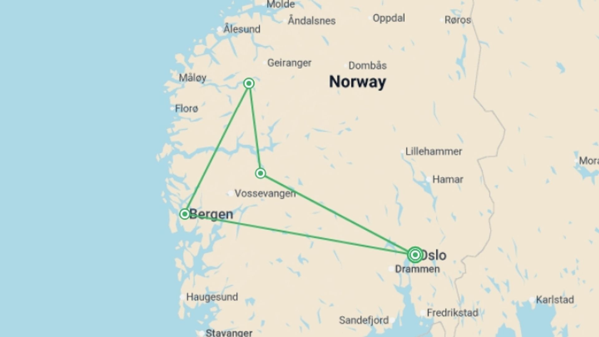 A map showing the tour itinerary for the trip: Highlights of Norway , starting in Oslo, Norway and ending in Oslo, Norway going through 3 other destinations.