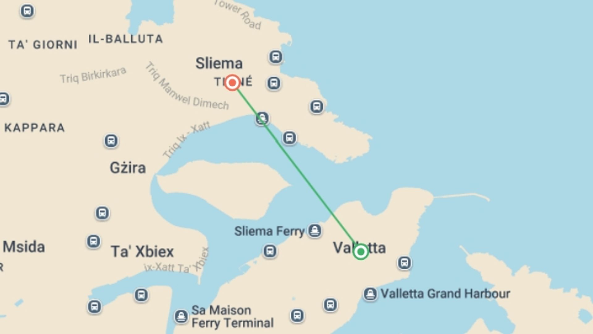 A map showing the tour itinerary for the trip: Easy Pace Malta, starting in Valletta, Malta and ending in Sliema, Malta going through 0 other destinations.