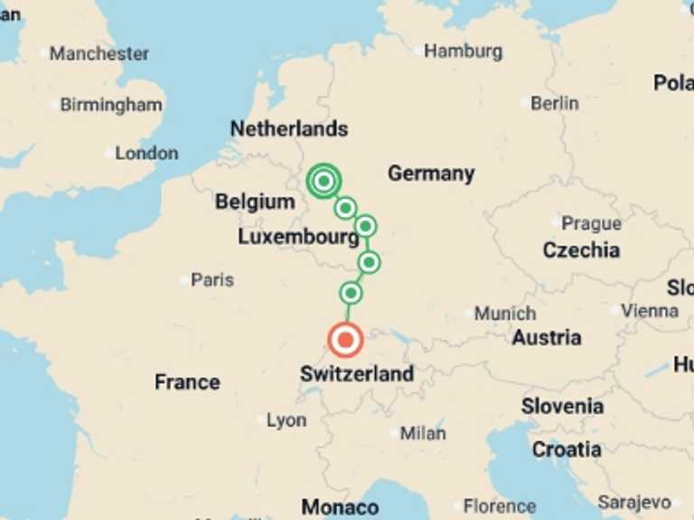 Map of Europe Tour with 6 destination visits for the trip: Rhine Holiday Markets (2027)