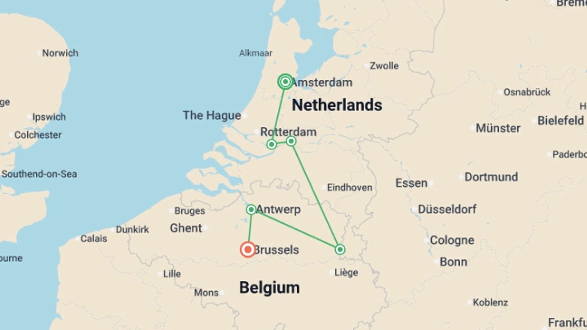 A map showing the tour itinerary for the trip: Holland & Belgium at Tulip Time (2027), starting in Amsterdam, Holland and ending in Brussels, Belgium going through 4 other destinations.