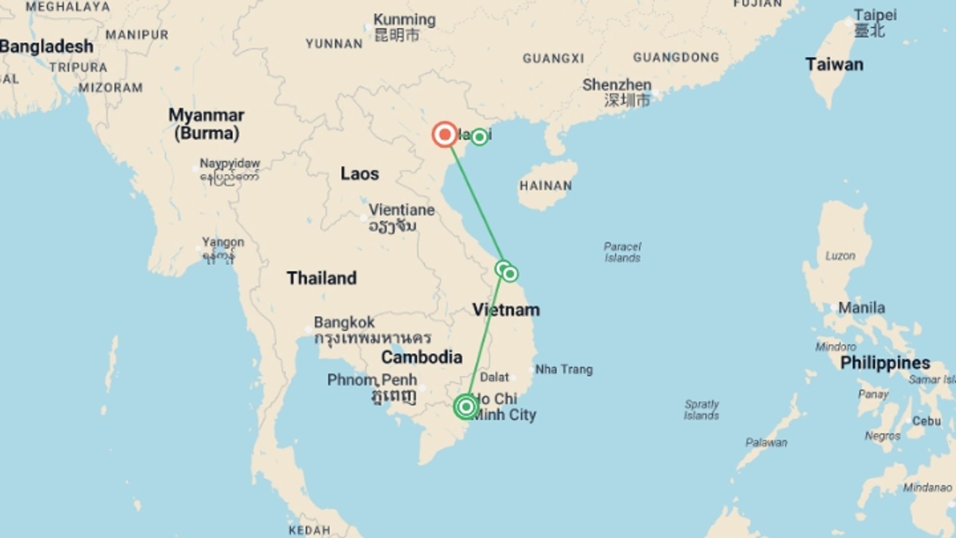 A map showing the tour itinerary for the trip: Vietnam Luxury Honeymoon Tour, starting in Ho Chi Minh City, Vietnam and ending in Halong Bay, Vietnam going through 3 other destinations.