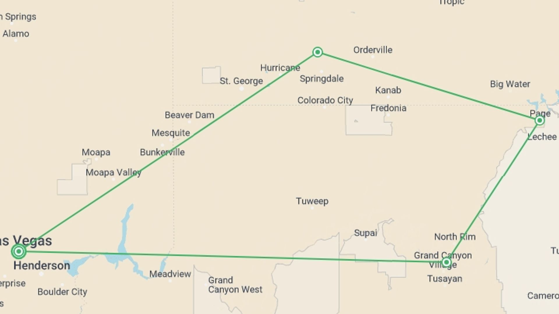 A map showing the tour itinerary for the trip: Journeys: Discover American Canyonlands, starting in Las Vegas, USA and ending in Las Vegas, USA going through 3 other destinations.