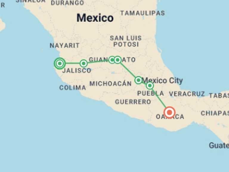 Map itinerary of Mexico Tour in Summer with 7 destination visits for the trip: The Many Sides of Mexico: Puerto Vallarta to Oaxaca