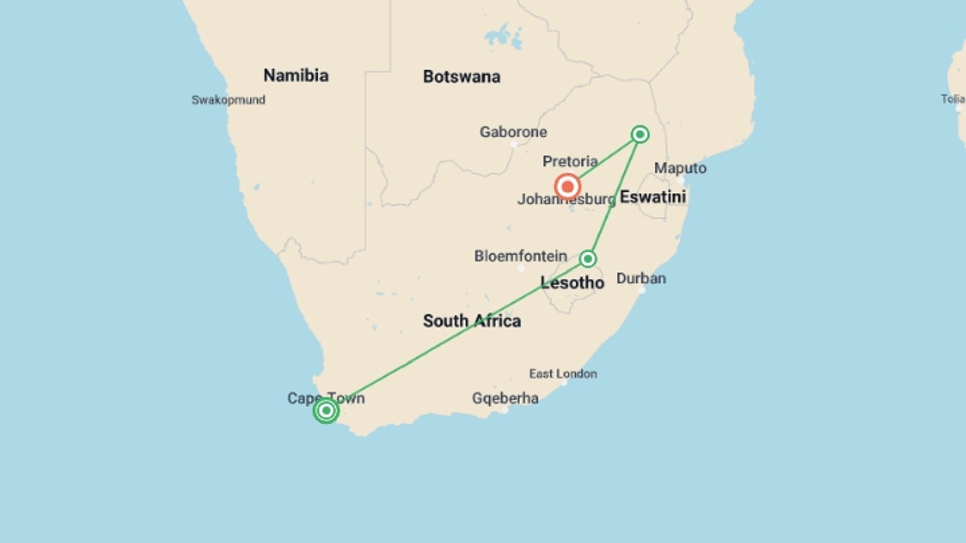 A map showing the tour itinerary for the trip: Active South Africa: Cape Town, Kruger & Tugela Falls, starting in Cape Town, South Africa and ending in Johannesburg, South Africa going through 2 other destinations.