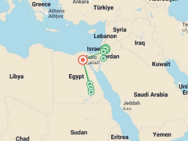 Map itinerary of Africa Tour in April 2027 with 8 destination visits for the trip: Egypt and Jordan 