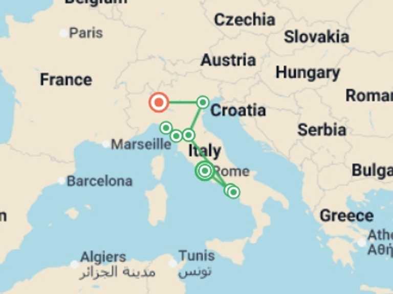 Map of Milan City sightseeing Tour with 6 destination visits for the trip: Italy Rail Express