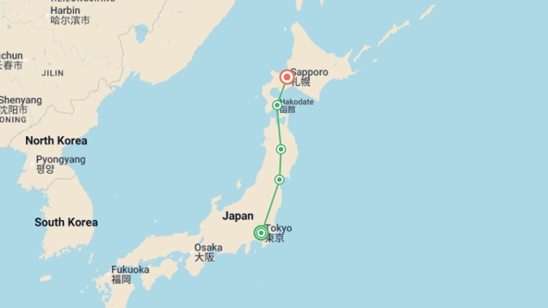 A map showing the tour itinerary for the trip: North Japan End Sapporo, starting in Tokyo, Japan and ending in Sapporo, Japan going through 3 other destinations.