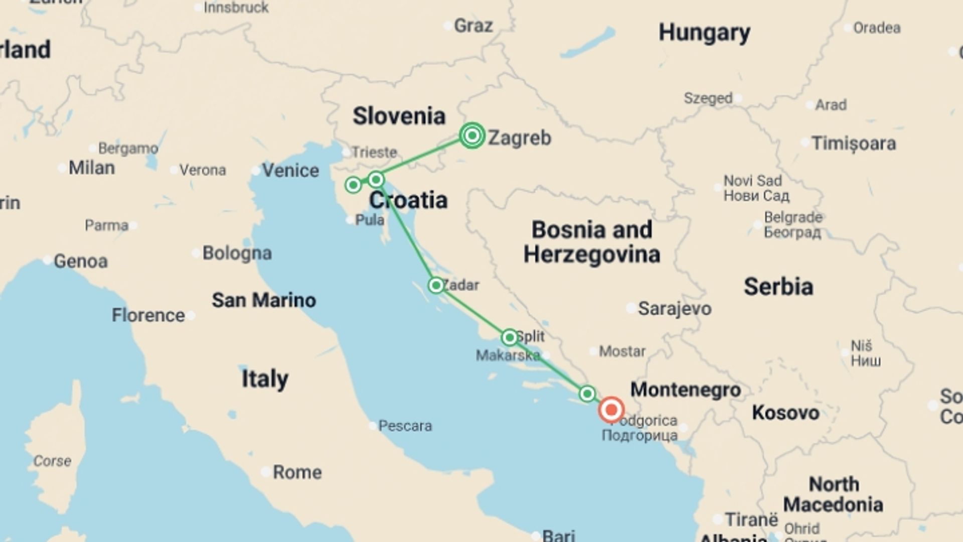 A map showing the tour itinerary for the trip: Captivating Croatia - 9 days, starting in Zagreb, Croatia and ending in Dubrovnik, Croatia going through 2 other destinations.