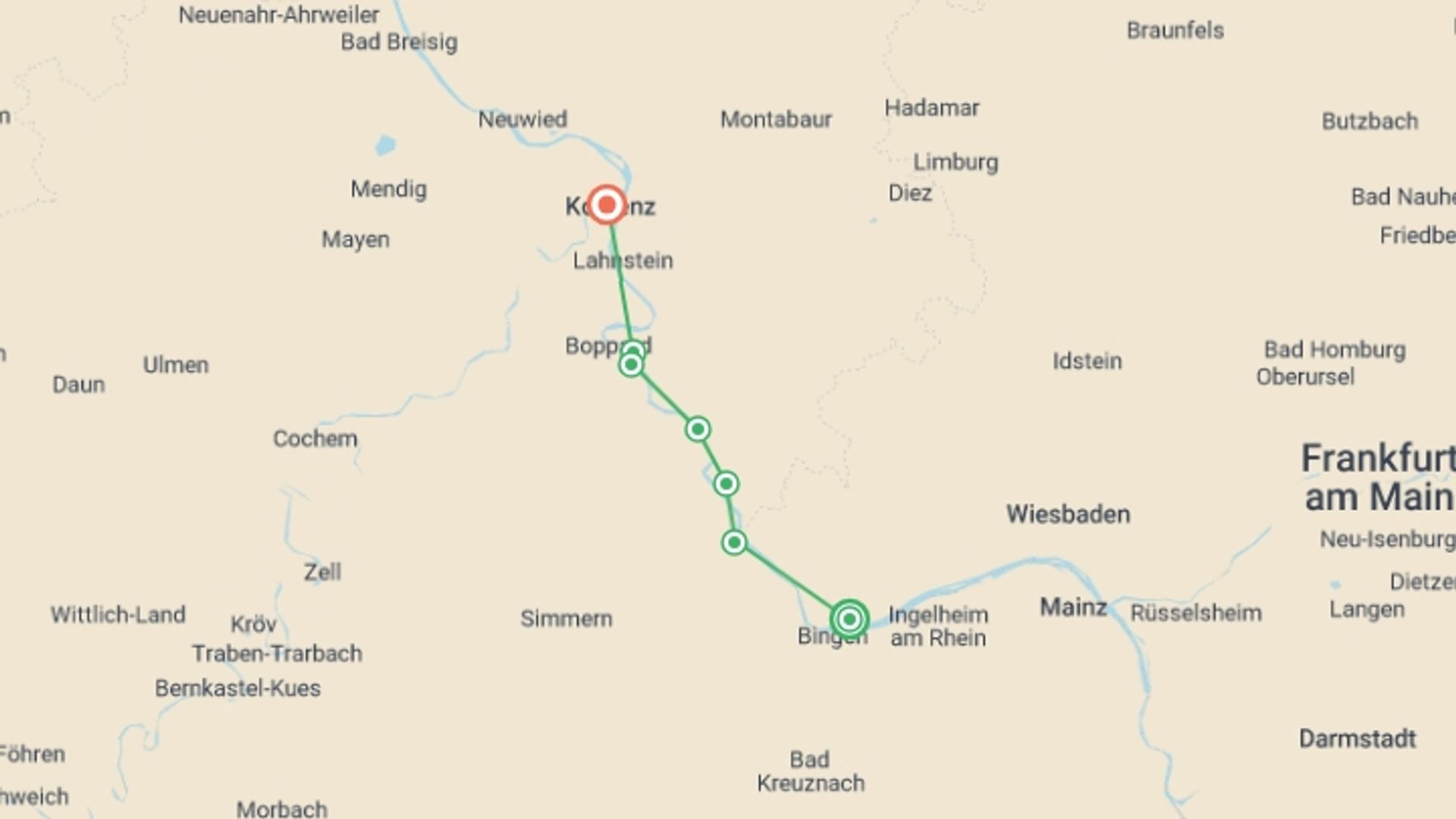 A map showing the tour itinerary for the trip: Rhine River and Castles Walk, starting in Rüdesheim, Germany and ending in Koblenz, Germany going through 5 other destinations.