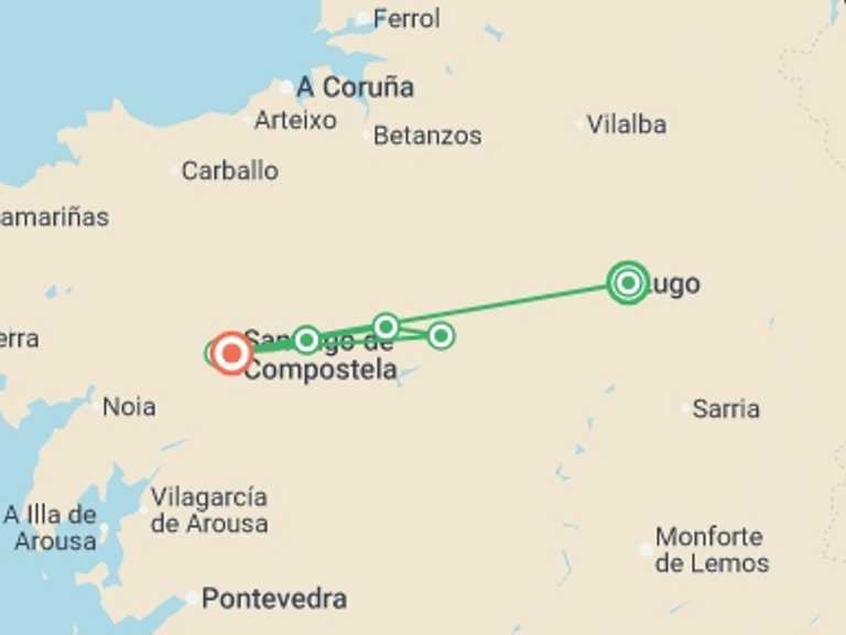 Map of a Explorer Tour with 6 destination visits for the trip: Camino de Santiago From Lugo - 7 days