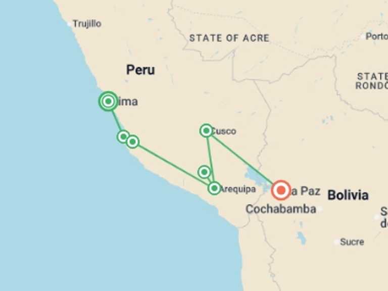 Map itinerary of North America Tour in May 2026 with 8 destination visits for the trip: Lima to La Paz Express Travel Pass