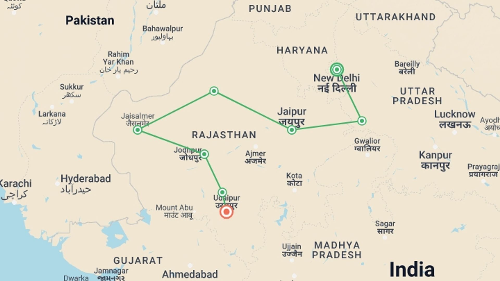 A map showing the tour itinerary for the trip: Royal Rajasthan Tour, starting in New Delhi, India and ending in Udaipur, India going through 7 other destinations.