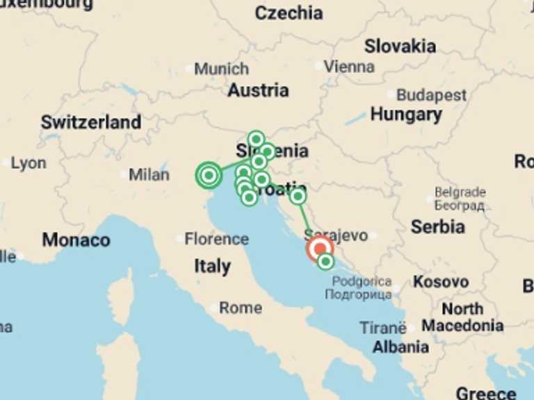 Map of Venice Explorer Tour with 6 destination visits for the trip: Venice & Slovenia to Split Superior - 11 days