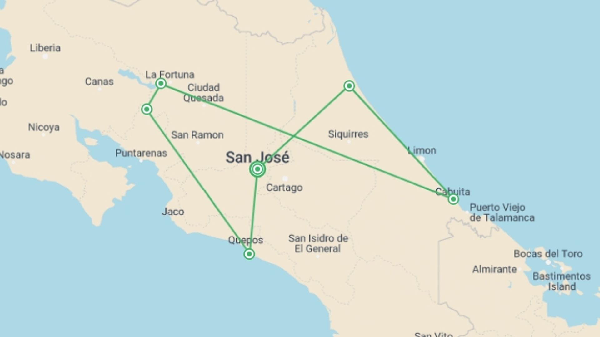 A map showing the tour itinerary for the trip: Tour Costa Rica Fly & Drive, starting in San Jose, Costa Rica and ending in San Jose, Costa Rica going through 6 other destinations.