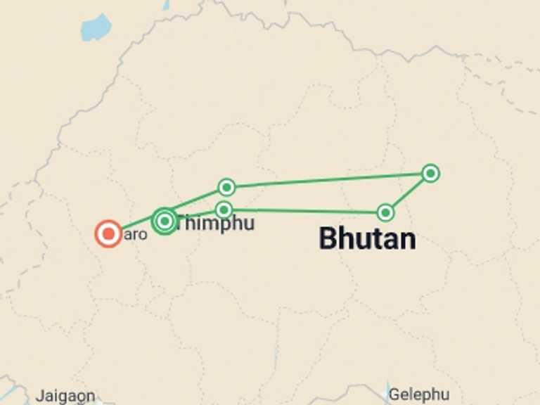 Map itinerary of Paro Tour in September 2027 with 6 destination visits for the trip: Hike the Trans Bhutan Trail