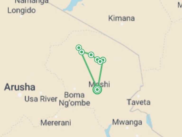 Map of Tanzania Tour with 10 destination visits for the trip: 8 Days Mount Kilimanjaro Via Lemosho Route